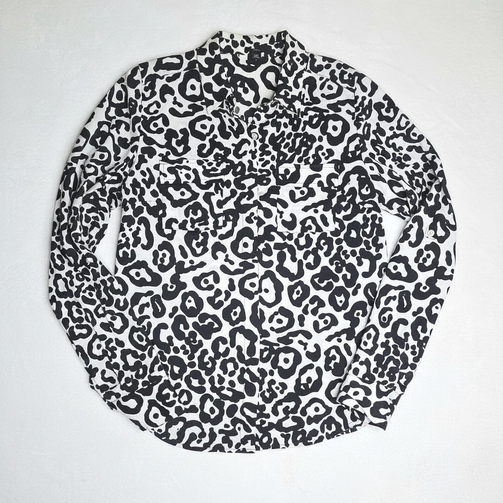 Ann Taylor Button Down Blouse 2 Black White Leopard Print Long Sleeve Shirt